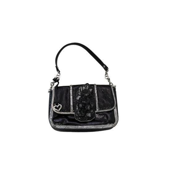 Brighton Black Silver Patent Leather 3D Flower Mini Shoulder Bag - Picture 1 of 8